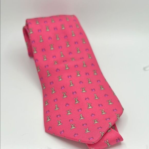 Hermes Pink Silk Tie with Bunny Design - Picture 1 of 5